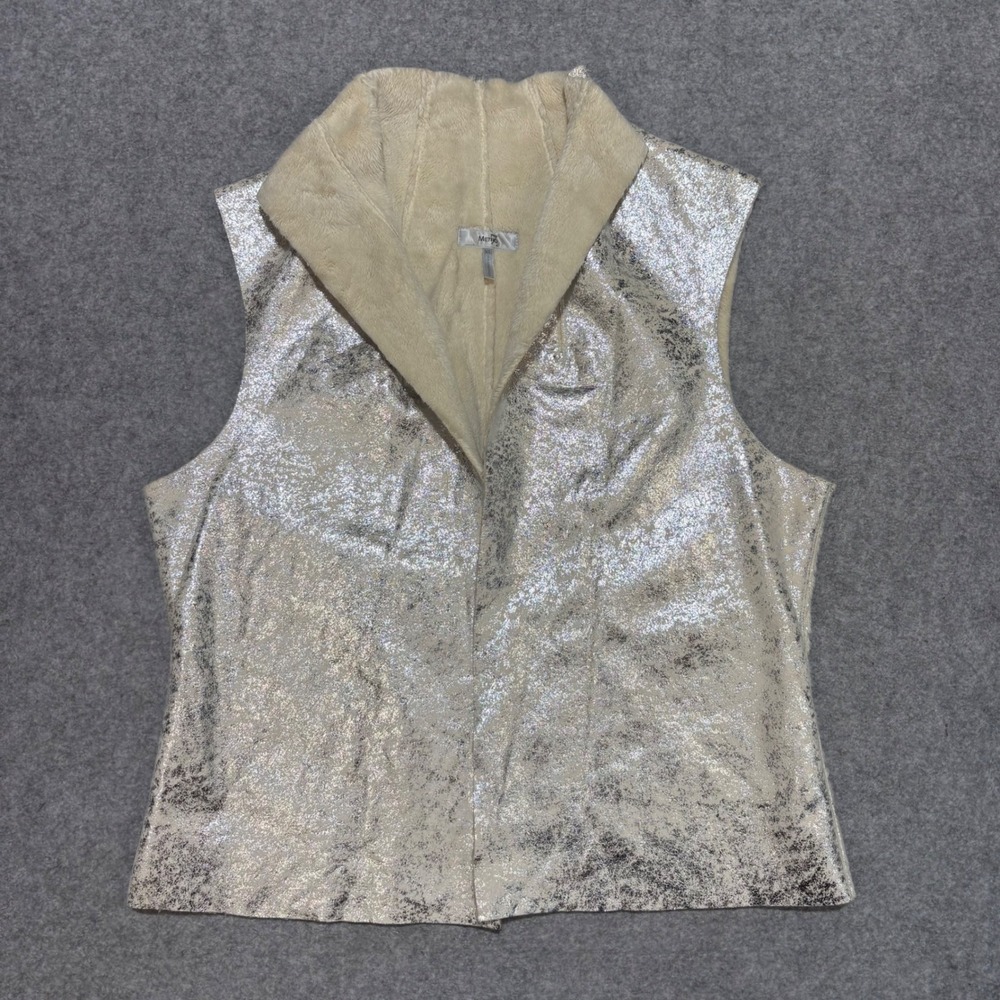 Metro 7 Womens Silver Metallic Crackle Faux Fur Lined Shawl Collar Vest XL